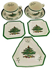 Spode Christmas Tree 2 Coffee Tea Cups  Saucers W/ 3 Small Plates Total of 7 B2