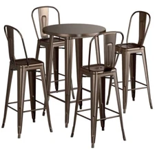 30" Round Copper Metal Restaurant Bar Table Set with 4 Cafe Barstool Chairs
