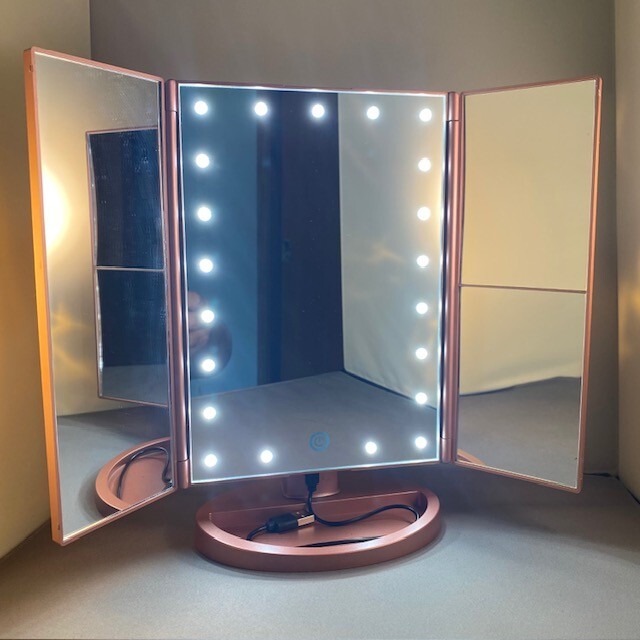 Tri-Fold Adjustable LED Vanity Mirror with 21 Lights 3x 2x 1x Magnification-image