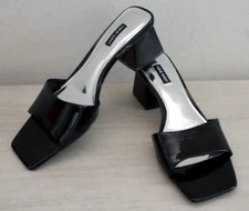 Nine West Women's Sz 9.5M Black Oaky Faux Leather Heeled Sandals $95