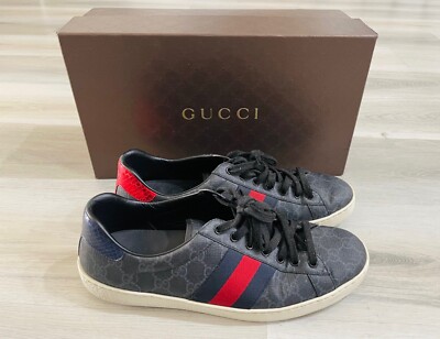 Men's Gucci Ace GG Supreme Black Grey Sneakers with Red & Blue Web G 9 US 10