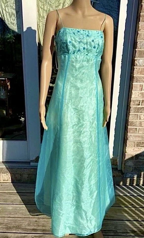 Vestido de graduación vintage años 90/Y2K azul hielo/verde menta bordado brillante corbata de hadas Foto 4 de 4