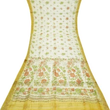 Namaste Vintage Cream Sarees 100% Pure Silk Printed Floral Sari 5YD Craft Fabric