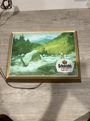 Vintage Schmidt’s Beer Trout Fishing Lighted Transparency Sign Excellent Cond