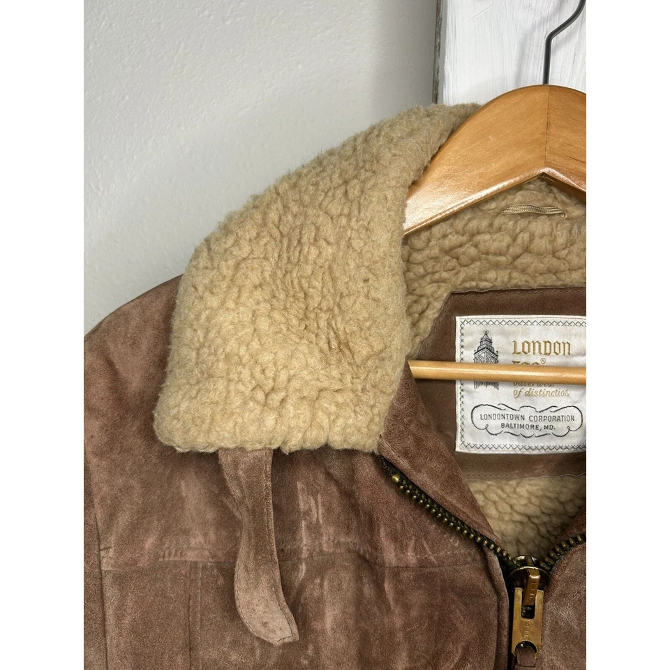 Vintage London Fog Suede Leather Bomber Jacket Sherpa Mens Sz 42 Rancher Flight - Image 3 of 4