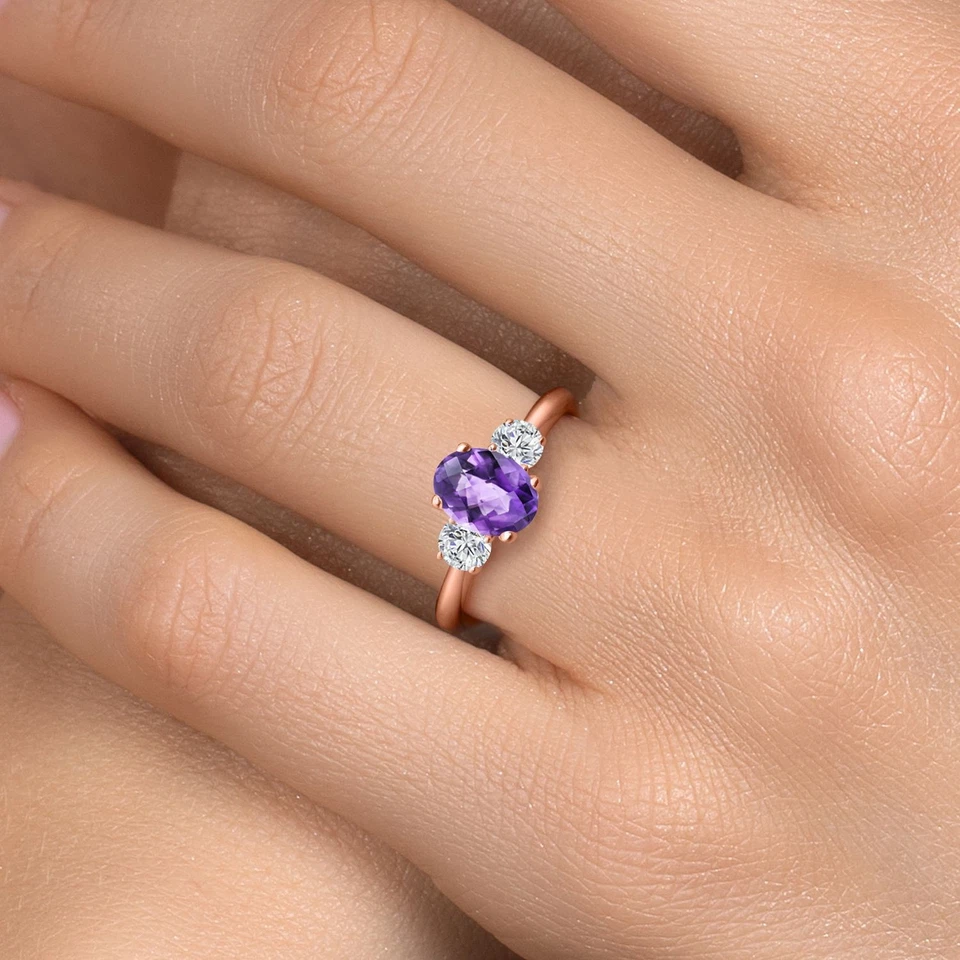 1.74 Ct   Purple Amethyst G/H Lab Grown Diamond 18K Rose Gold Plated Silver Ring - Image 4 of 4