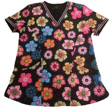 Women  s Scrub Top Black Pink Floral Sz Small Mod Retro Bright V Neck Medical