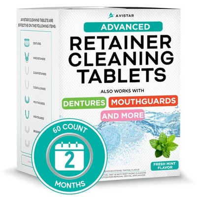 Retainer & Mouth Guard Cleaner Tablets - Mint Flavor 60 Pack, White 