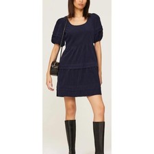 Madewell Corduroy Tiered Mini Dress Puff Short Sleeve Navy Blue Womens Small