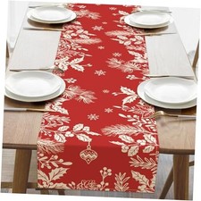 Christmas Poinsettia Flower Leaves Red Dining Table Runner, Xmas Holly Berries