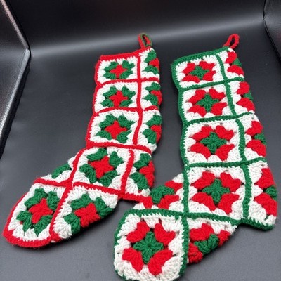 Vtg Pair Of Handmade Crochet Granny Square Christmas Stockings White Red Green