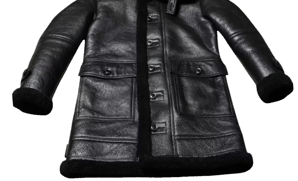 Men's B7 Flying Parka Shearling Black Sheepskin RAF Aviator Leather Coat Jacket - Image 3 of 4