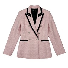 Zara Pink Tweed Black Contrast Trim Blazer Women's XS Double Breasted Luxury