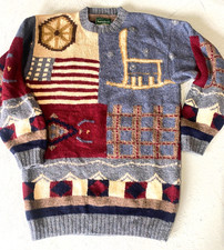 Vintage 80s Hand Chunky Knit Patchwork Sweater US Flag Shetland Wool Sz L T