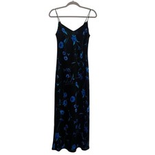 Vtg Y2K Slip Dress Black Blue Formal Prom L Gown V-Neck  Maxi Whimsigoth