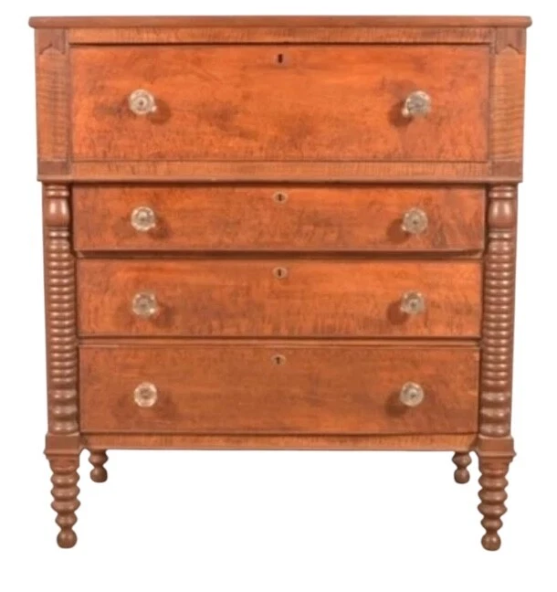 古董喜来登樱桃鸟眼枫木老虎抽屉柜梳妆台乡村 — 第 3/4 张图片