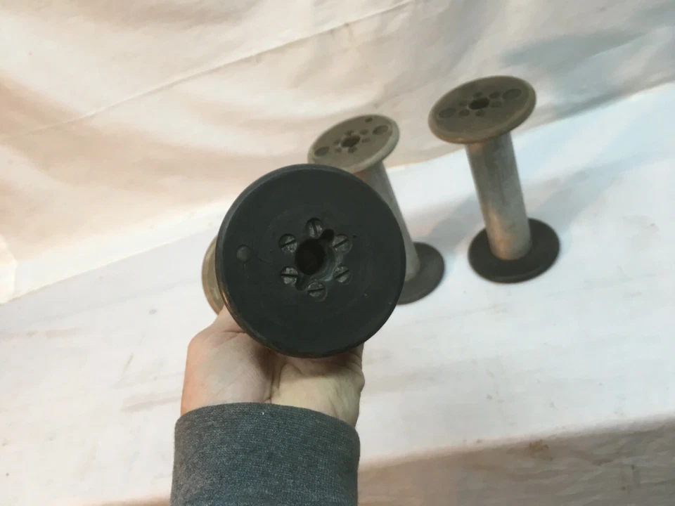 Large Vtg Aluminum Wood Industrial Factory Mill Bobbin Lot 3 Spools 6.5in tall - Image 4 of 4