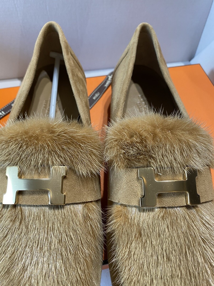 Hermes Loafers Mink Fur Suede Goatskin Paris Brown Gold Hermes Loafers Mink Fur Suede Goatskin Paris Brown Gold
