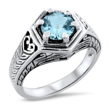 DECO ANTIQUE STYLE GENUINE 1.25 Ct SKY BLUE TOPAZ 925 STERLING SILVER RING 1091