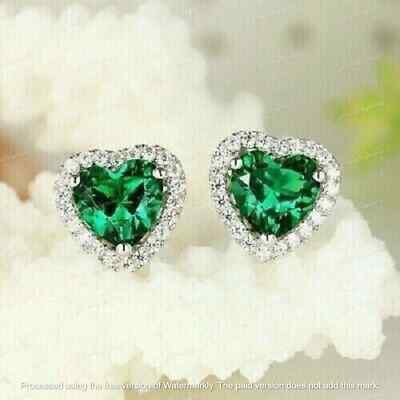 Lab Created 2CT Heart Cut Green Emerald Stud Earrings 14K White Gold Plated
