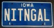 Obsolete & Expired IOWA 1994 VANITY License Plate-NITNGAL-Nightingale-NEVER USED