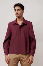 Nordstrom Tech Smart Trim Fit Butn Shirt Mens L 46x29 34Slv Burgundy Plaid Ltwt