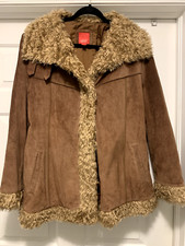Vintage Esprit Tan Suede Leather Faux Fur Collar Coat Sz Xl Women Excellent Cond