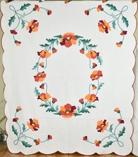 VIBRANT Vintage 30's Red, Green  Cheddar Poppy Applique Antique Quilt 