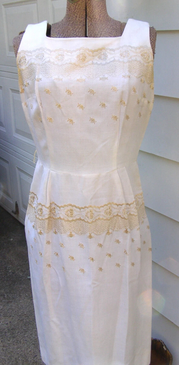 OFF WHITE Abito a tubino vintage anni 60 bianco sporco panna floreale ricamato fiori