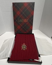 LAUREN RALPH LAUREN Cable Knit Scarf Crest Embroidered Logo Dark Red W/ Box