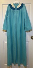 Vintage Velour Robe Green Aqua Housecoat Dress Lounge Maxi Retro Pockets Zip 70s