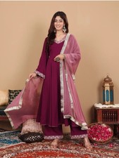 Women Traditional wear; Purple Yoke design Embroidered Kurta Palazzo  Dupatta