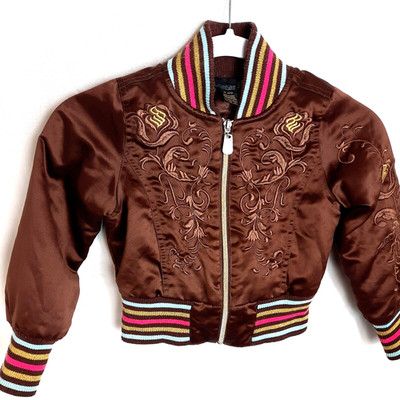ROCAWEAR Embroidered Satin Bomber Jacket Girls Large Brown Spellout Striped Cuff