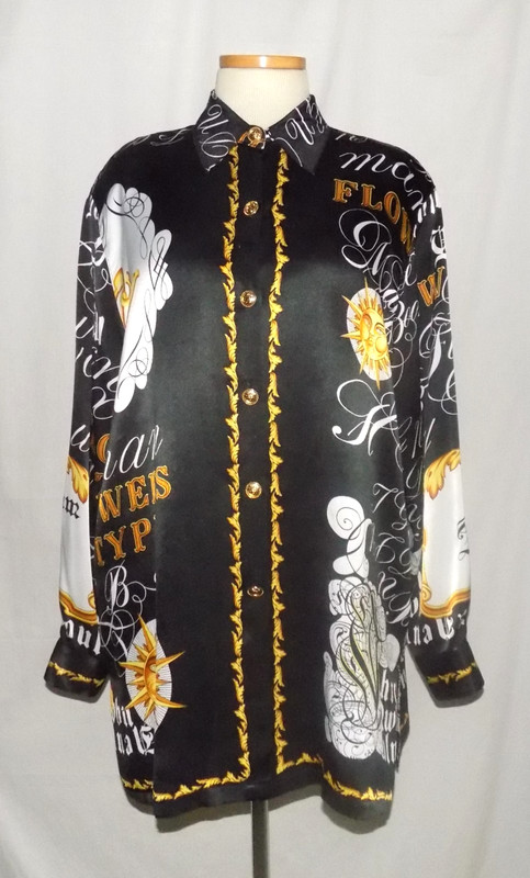 Misook Button-Up Shirt Blouse Black White Gold Letters, Words & Sun Face Print L