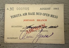 Yokota Air Base NCO Open Mess Calendar Member Card Johnson Branch