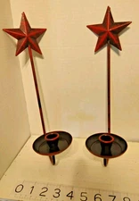 Pair Primitive Red Metal Star Candle Holder Approximately  12 Inch