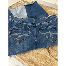 Juicy Couture Denim Midi Skirt Heart Pockets Rhinestone Logo Raw Hem Size 6 Blue