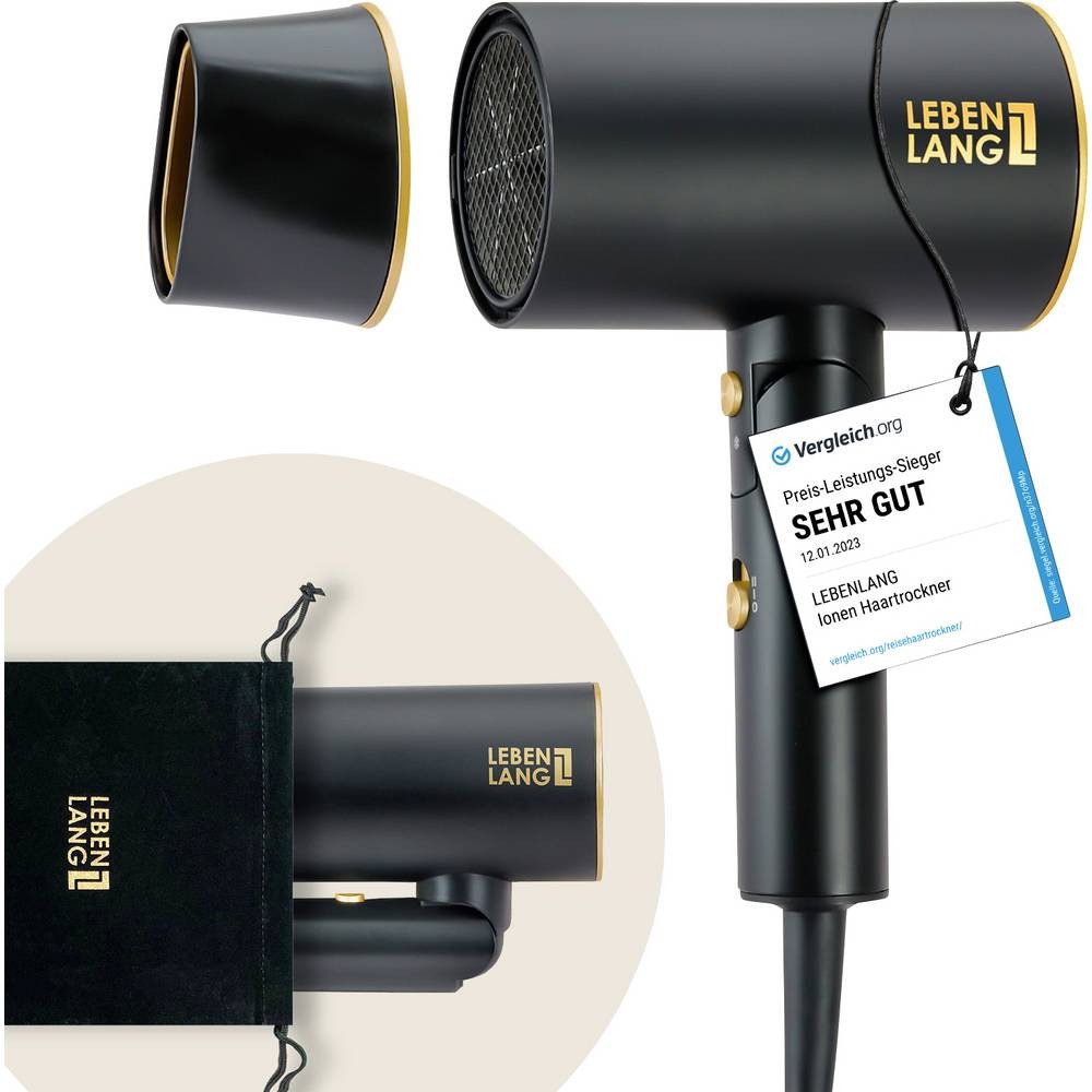 Sèche-cheveux noir/or Lebenlang LBH3088G avec moteur DC puissant
