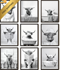 SEHSUVC Funny Bathroom Cow Posters Wall Art Set of 10"Lx8"W, Black and White