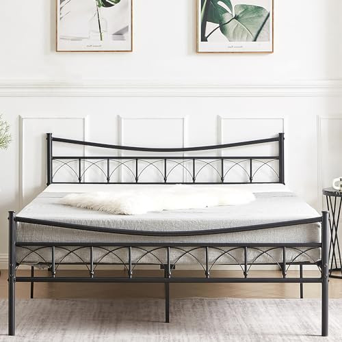 Vintage Metal Queen Bed Frame with Platform Headboard and Footboard