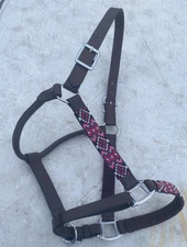 Pink, silver, black beaded leather horse size halter