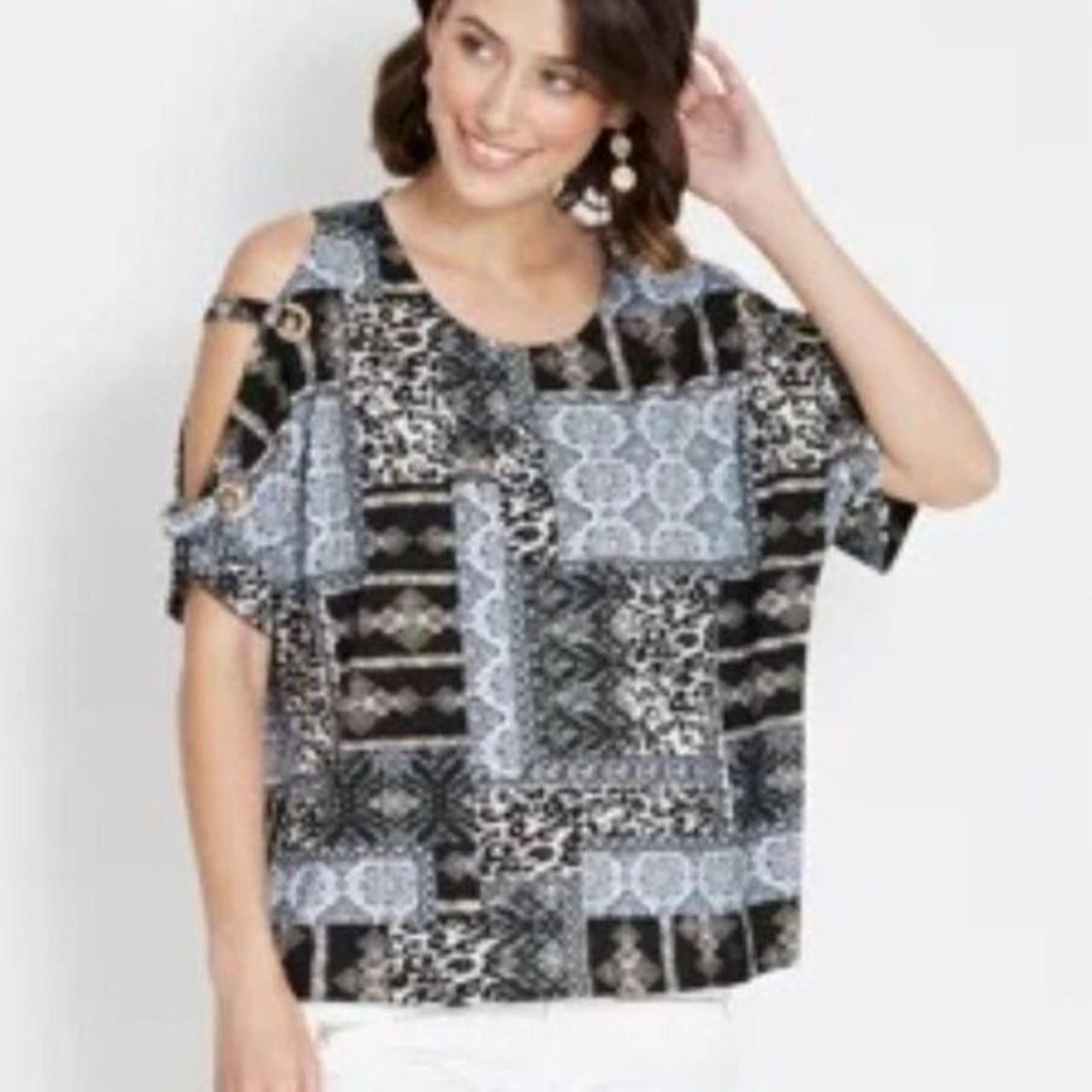 ROCKMANS Patchwork Print Eyelet Split Sleeve Cold… - image 4