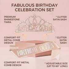 Rose Gold Birthday Queen Tiara and Satin Sash Set Rhinestone Crown Accessory
