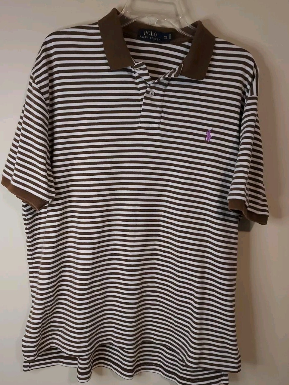Polo Ralph Lauren XL marrone bianco viola pony a righe camicia manica corta