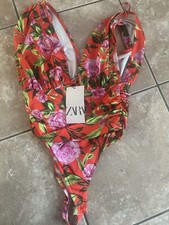 Zara NWT Orange Floral Stretch Deep V Neck Sleeveless Draped Bodysuit S Small