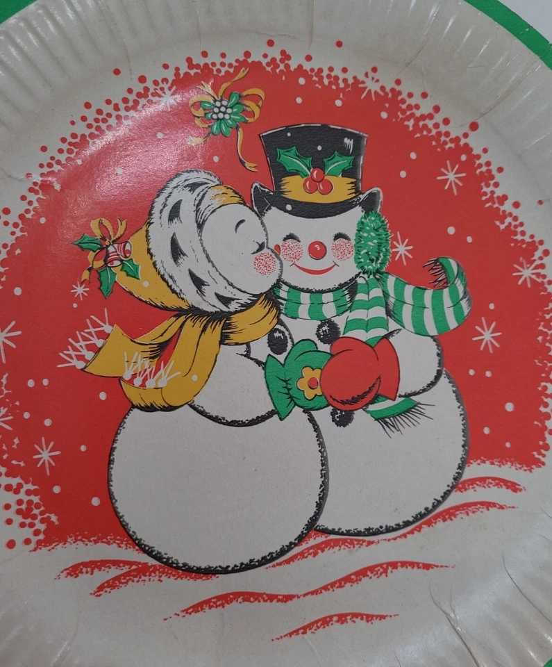Plato de papel muñeco de nieve besando vintage años 50-70 Navidad invierno *1 plato solamente Foto 2 de 4