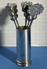 Vintage Set of 8 Flowers & Butterflies Cocktail Appetizer Forks With Holder