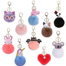 10 Pieces Animal Pom Pom Keychain Cute Fluffy Key Ring, Unicorn Keychain Heart