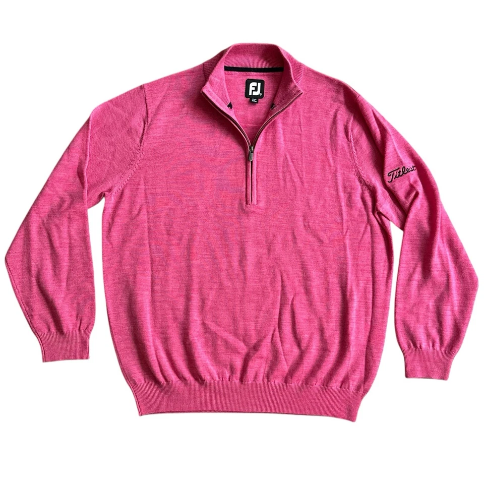 Footjoy Titleist 100% Wool Pullover Sweater Mens Sz Medium Pink 1/4 1/2 Zip - Image 2 of 4