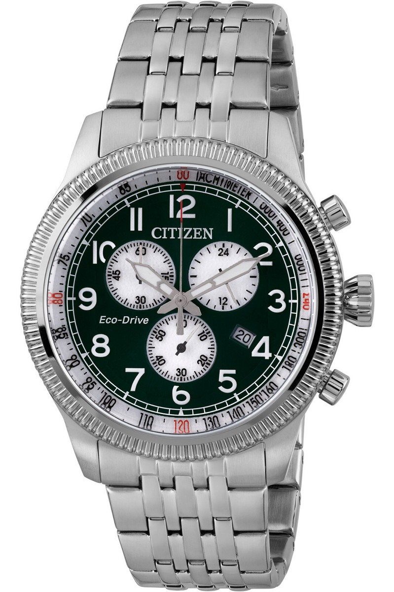 Citizen Mens Eco Drive Green Dial Chronograph Watch AT2460-89X New